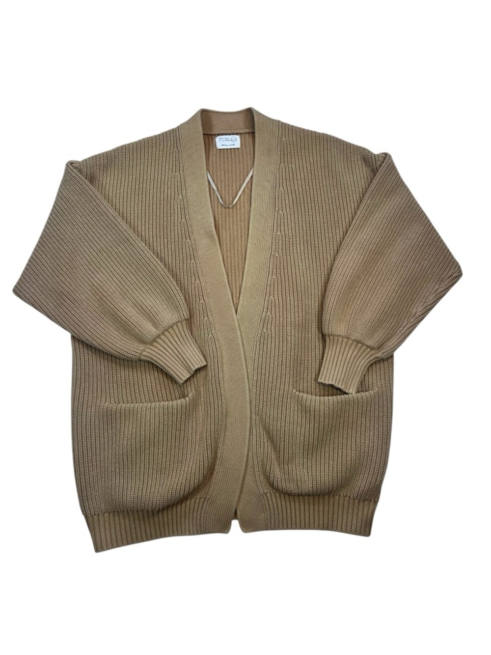 Paper Label Chunky Rib Knit Open Front Cardigan — Camel, Small